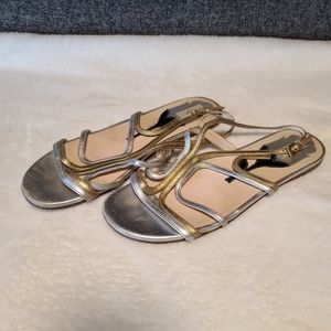 Prada Silver And Gold Leather Straps Flat Sandals sz 37.5, pre-owned